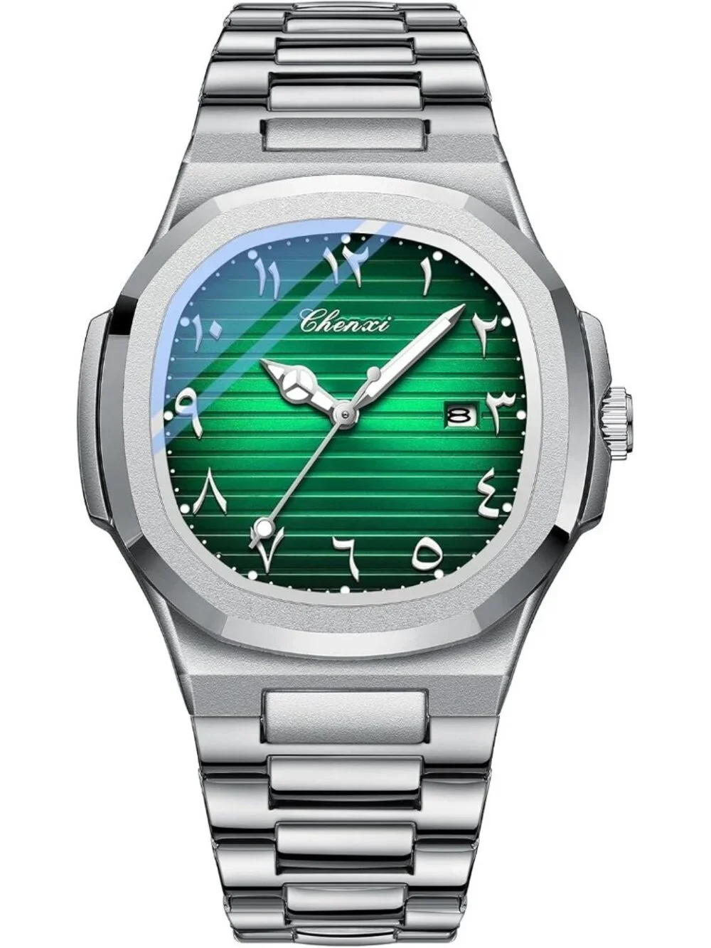 Men's Silver Green Stainless Steel Strap Quartz Movement Waterproof Wrist Watch